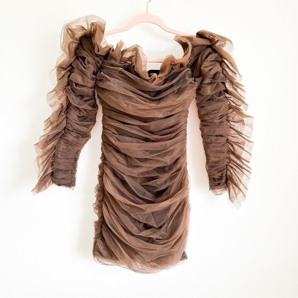 New Mimii London Chocolate Brown Tulle ruffle Bardot mini dress sz Small - Picture 7 of 12